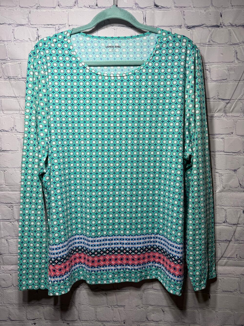 Lands' End Womens Long Sleeve Rash Guard Top Blue Pattern Sz 2X Beach Casual